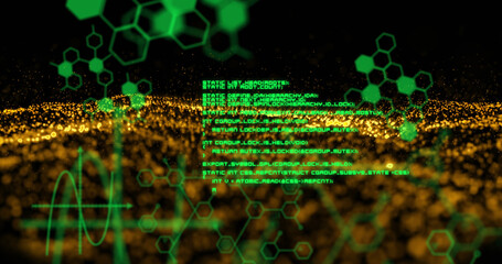 Digital image of data processing and molecular structures against golden digital wave