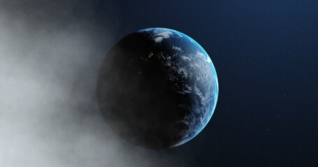 Image of cloud of smoke over spinning planet earth