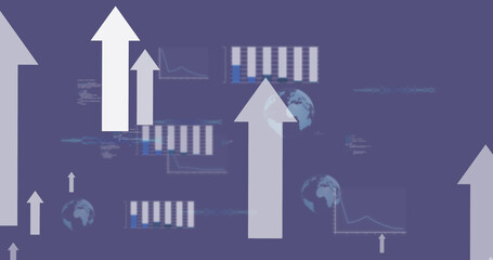 Image of data processing, globes spinning with white arrows on purple background