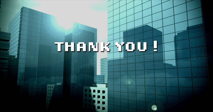Image of thank you text in white letters over cityscape background - Powered by Adobe