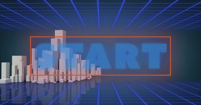 Image of start text in blue letters in frame over cityscape