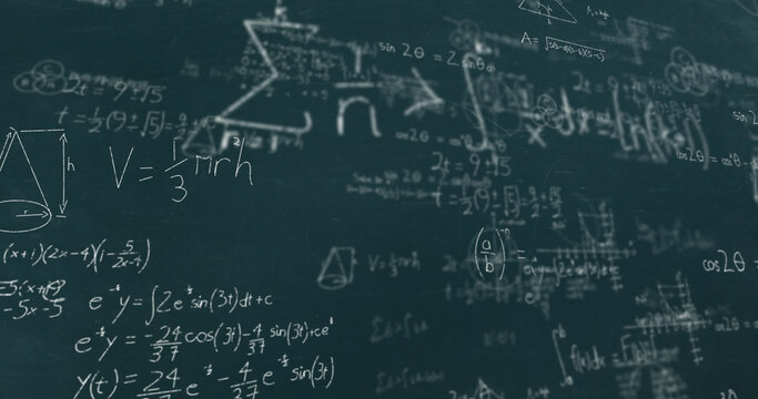 Image of math text over mathematical equations on green background