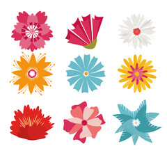 Flower head vector icon set, nature plants summer flat design, colorful different flower isolated on white, floral