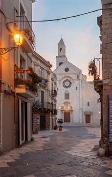 BARI, ITALY - MARCH 3, 2022: The Cathedral of Saint Sabinus and square at dusk.