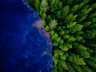 Aerial view of blue lake and green summer woods in Finland.