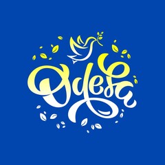 Ukrainian Odesa Vector Lettering illustration with dove of peace for Support to Ukraine, Pray for Ukraine, Stop War. Template for t shirt, cover, poster, post card, banner, social media