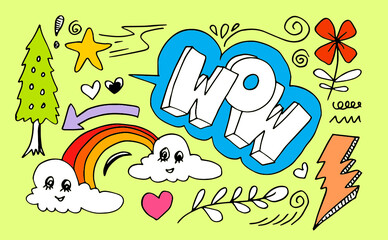 hand-drawn colorful doodle set on yellow background.