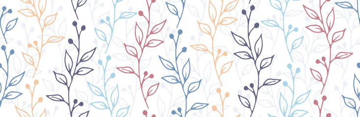 Materiał do szycia Berry bush sprigs botanical vector seamless ornament. Ornate floral graphic design. Meadow plants foliage and buds wallpaper. Berry bush branches linear endless background