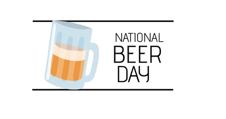 Image of world beer day text and pint of beer over white background