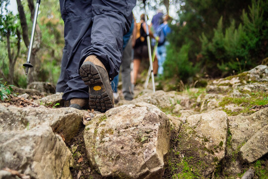 Particolare di gambe di escursionisti di trekking visti da dietro sulle rocce del sentiero di montagna