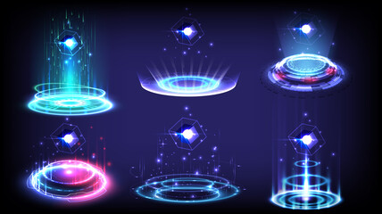 Sci-fi high-technology stage collection in glowing HUD. Magic warp gate in game fantasy. Circle teleport podium. Rays, GUI, UI virtual reality users. Hologram portal swirl light. Product showing - obrazy, fototapety, plakaty