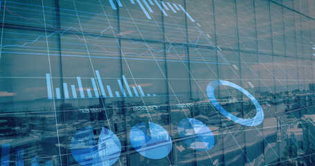 Obraz premium Image of financial graphs and data over cityscape
