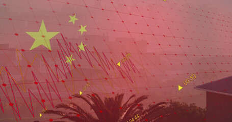 Image of flag of china and data processing over cityscape