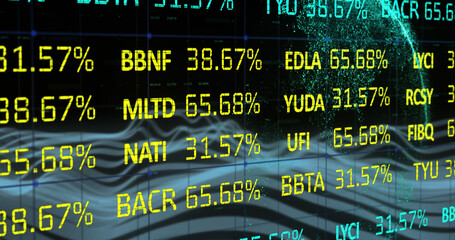 Image of data processing over globe on black background