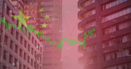 Image of flag of china and data processing over cityscape