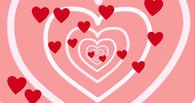 Image of red hearts floating over tunnel made of white hearts on pink background - Powered by Adobe