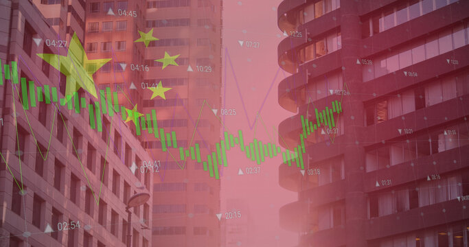 Image of flag of china and data processing over cityscape