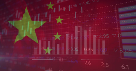 Image of financial data and graphs over flag of china - obrazy, fototapety, plakaty