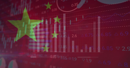 Image of financial data and graphs over flag of china