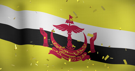 Image of confetti over flag of brunei