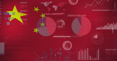 Obraz premium Image of financial data and graphs over flag of china