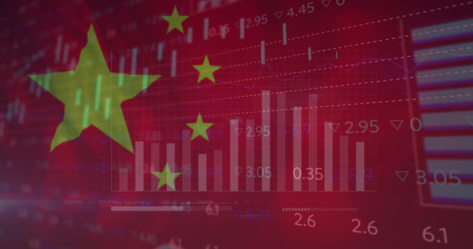 Image of financial data and graphs over flag of china