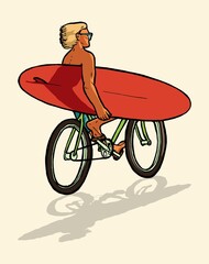 Bike to surf. Person riding bicycle with surfboard in their arm. Beach character isolated vector illustration.