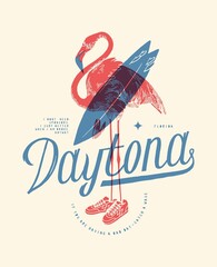 Daytona  beach flamingo surfing vintage typography silkscreen t-shirt print vector illustration. - obrazy, fototapety, plakaty