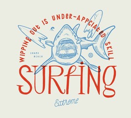 Shark biting surfboard. Shark beach surfing vintage typography silkscreen t-shirt print vector illustration.
