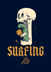 Surfing skull. Sun surfing tongue wave inside giant skull. Surfing hot stuff funny summer vibe t-shirt print vector illustration.