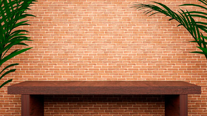 Wood table for packaging presentation on brick wall. 3d rendering