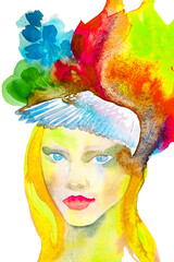 Dipinto acquerello ritratto moderno bella donna capelli floreali. ali di un uccello. fanciulla cigno