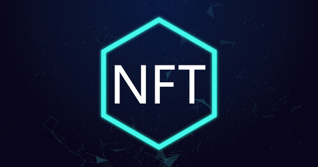 Image of nft text in neon hexagon over white shapes on blue background