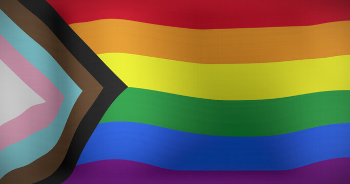 Image of lgbt flag with updated gay pride colours waving