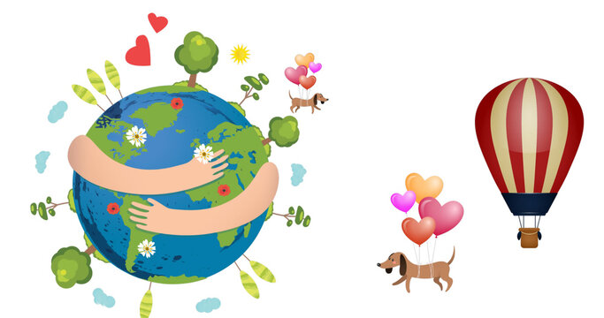 Image of balloon and dog with heart over hands holding globe on white background