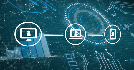 Image of icons with network of connections, scope scanning and data processing