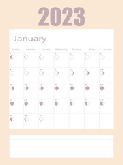 Vector moon calendar January 2023. Moon cycles. 