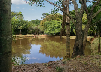 Linda vista de lago artificial cercado de árvores e um lindo céu azul no Parque das águas, localizado no Barreiro, Belo horizonte, Minas Gerais, Brasil.