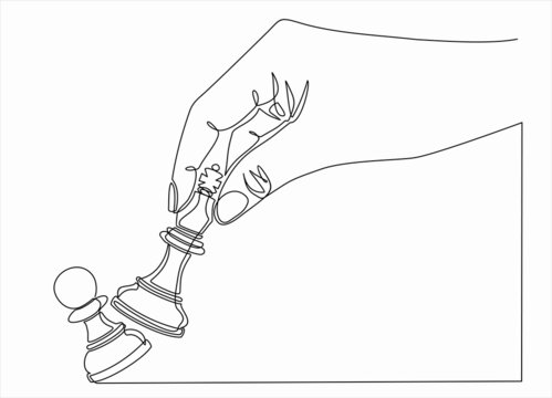 continuous line drawing of hands holding the queen figure  and knocking out  of a chess piece. Strategy business concept and checkmate game. vector illustration