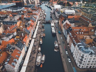 Nyhavn Harbor in Copenhagen, Denmark by Drone