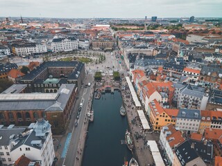 Naklejka na ściany i meble Nyhavn Harbor in Copenhagen, Denmark by Drone