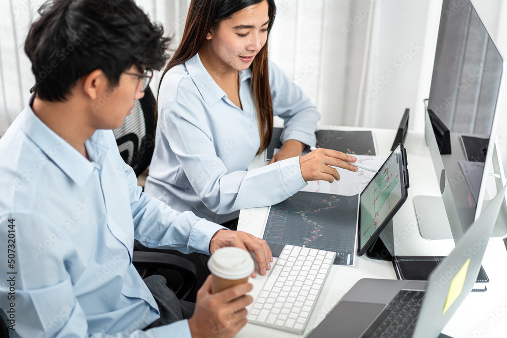 Poster investor business team working with computer, tablet and analyzing graph stock market trading planni