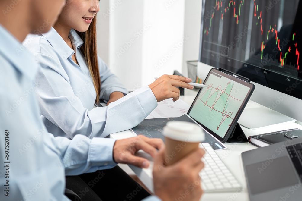 Poster investor business team working with computer, tablet and analyzing graph stock market trading planni