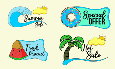 Naklejka premium summer theme vector badge for discount promotion. design with illustrations, waves, ice cream, coconut trees, donuts