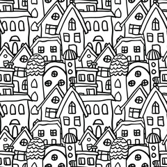 Fototapeta premium Seamless outline city pattern. Endless little town. Building silhouette.