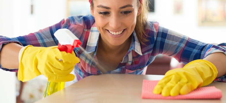 Young Smiling Housewife Woman Cleaning The House