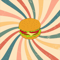 hand-drawn hamburger on a multicolored vintage background. 2d vector illustration