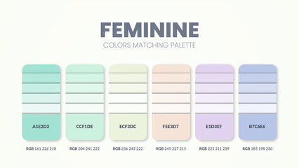Feminine color palettes or color schemes are trends combinations and palette guides this year, table color shades in RGB or HEX. Color swatch for a tropical summer fashion, home, or interior design