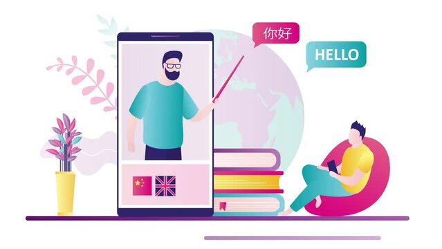 Man learning foreign languages at home. 4K footage. Male teacher on smartphone screen. Online language courses, distance education. Motion video, animation