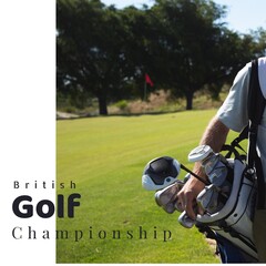 British golf championship text on frame and caucasian mature man with golf clubs at golf course